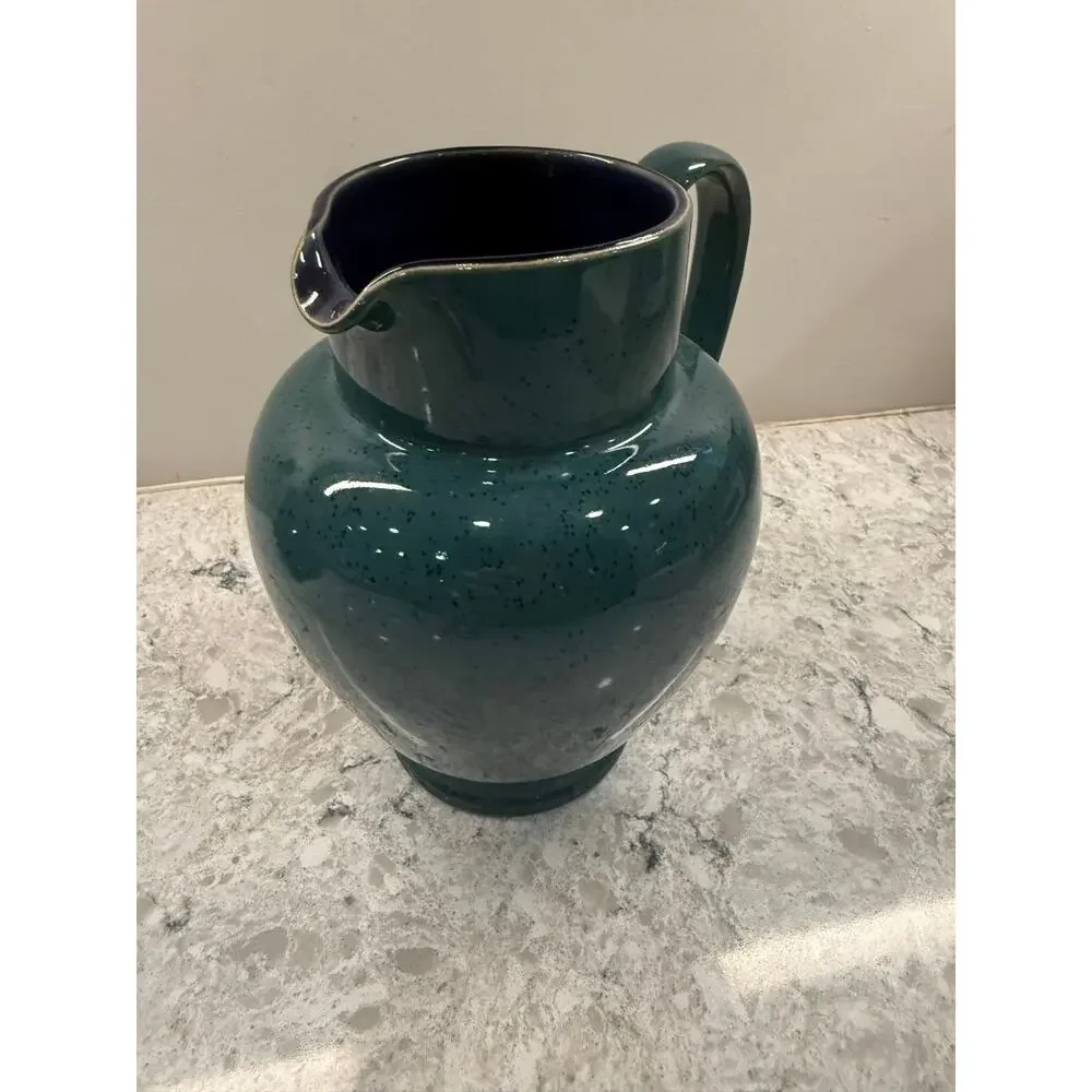 DENBY Harlequin Stoneware Pitcher Green Exterior & Blue Interior Speckled